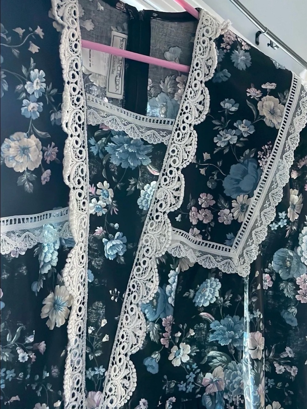 Gunne Sax Floral Lace-Trim Maxi Dress in Black and Blue